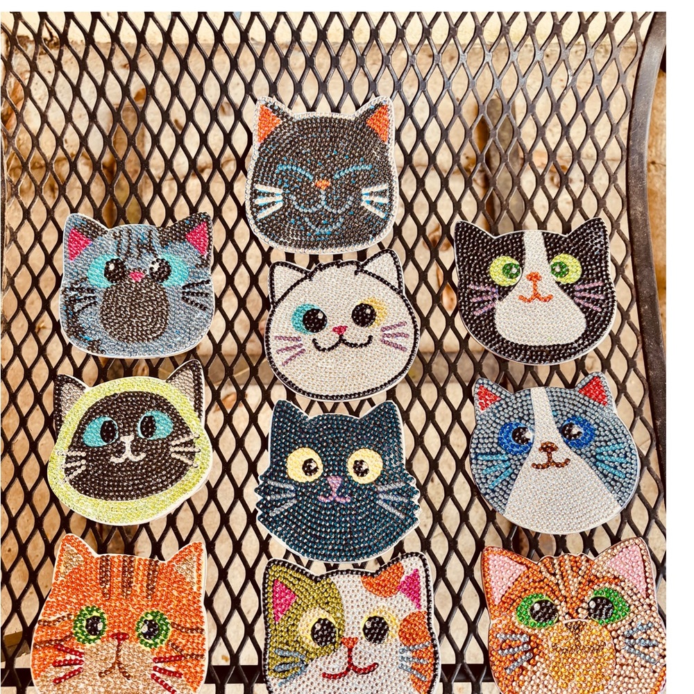 Hand Crafted Colorful Diamond Art Cat Face Coasters Set